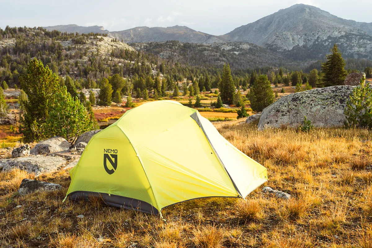 Nemo Dagger OSMO 2P tent set up in Wyoming's Wind River Range with mountain backdrop