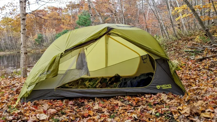 Interior view of Nemo Dragonfly OSMO tent showing asymmetrical design and space utilization