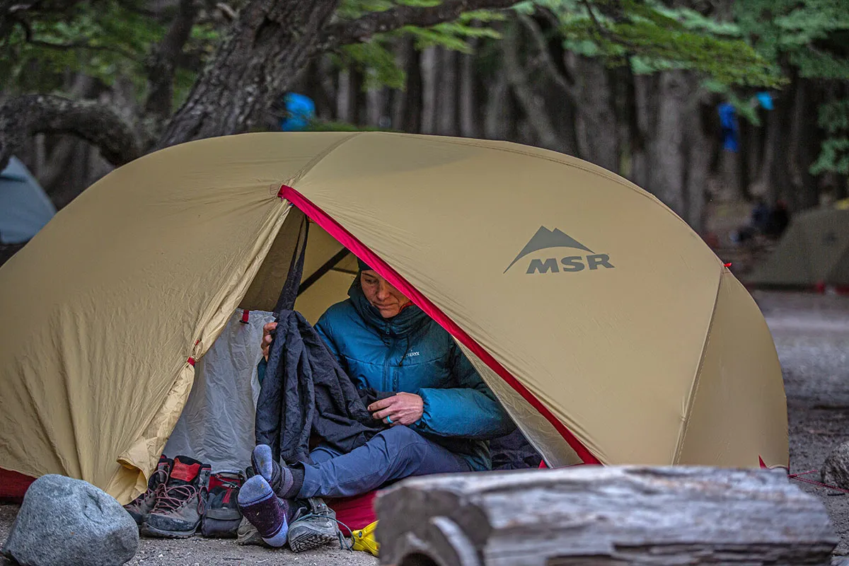 MSR Hubba Hubba tent setup showcasing value tent brands in outdoor setting