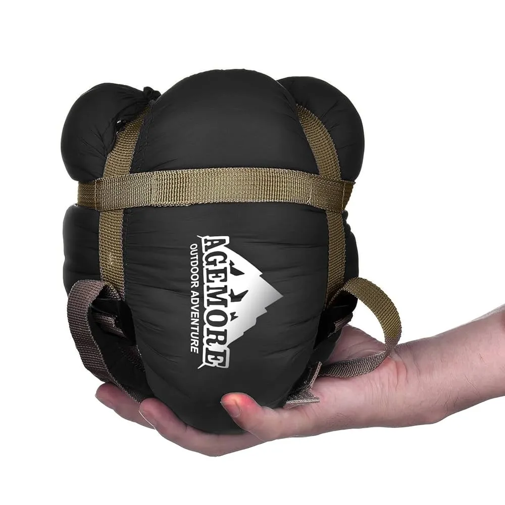 Compact sleeping bag with compression sack showing size comparison