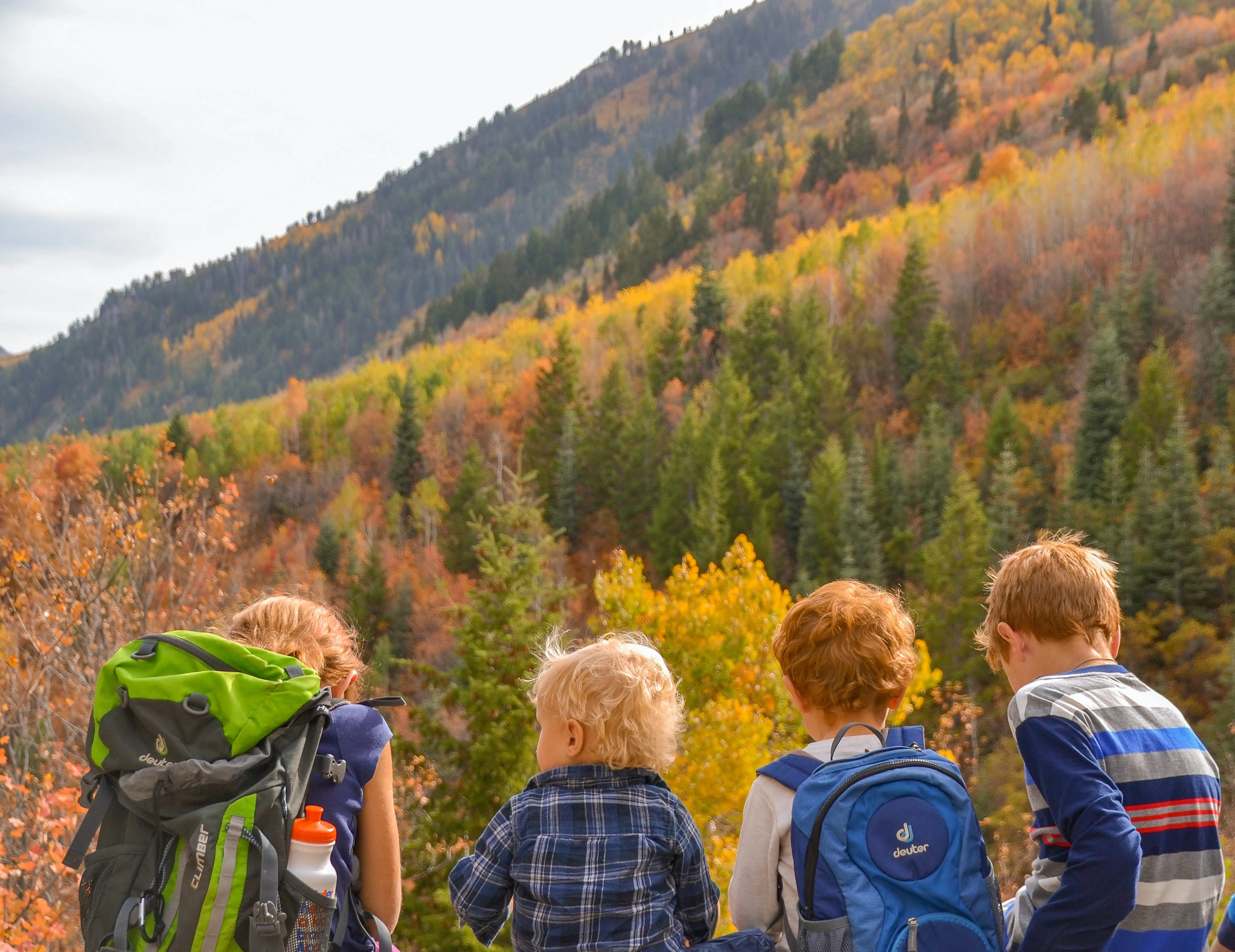 Family with children enjoying autumn colors on a family-friendly hiking trail