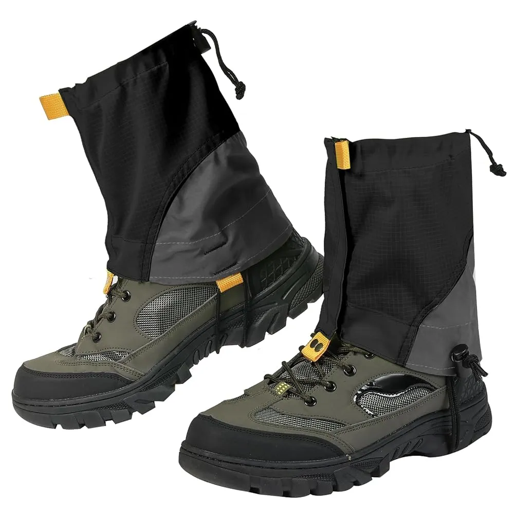 Close-up view of adjustable snow gaiters showing adjustment mechanisms and waterproof materials