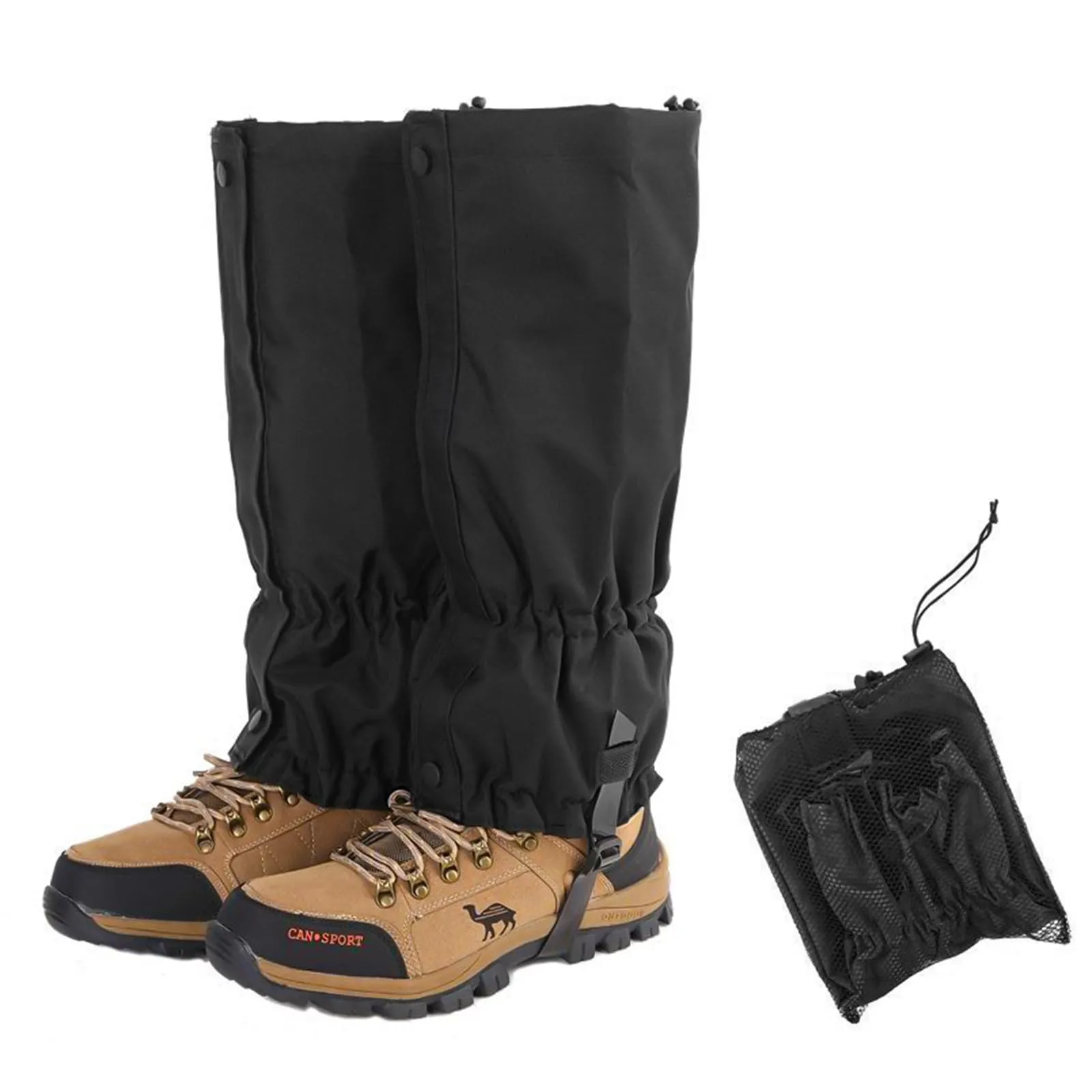Demonstration of proper adjustable snow gaiter fit and sizing on hiking boots