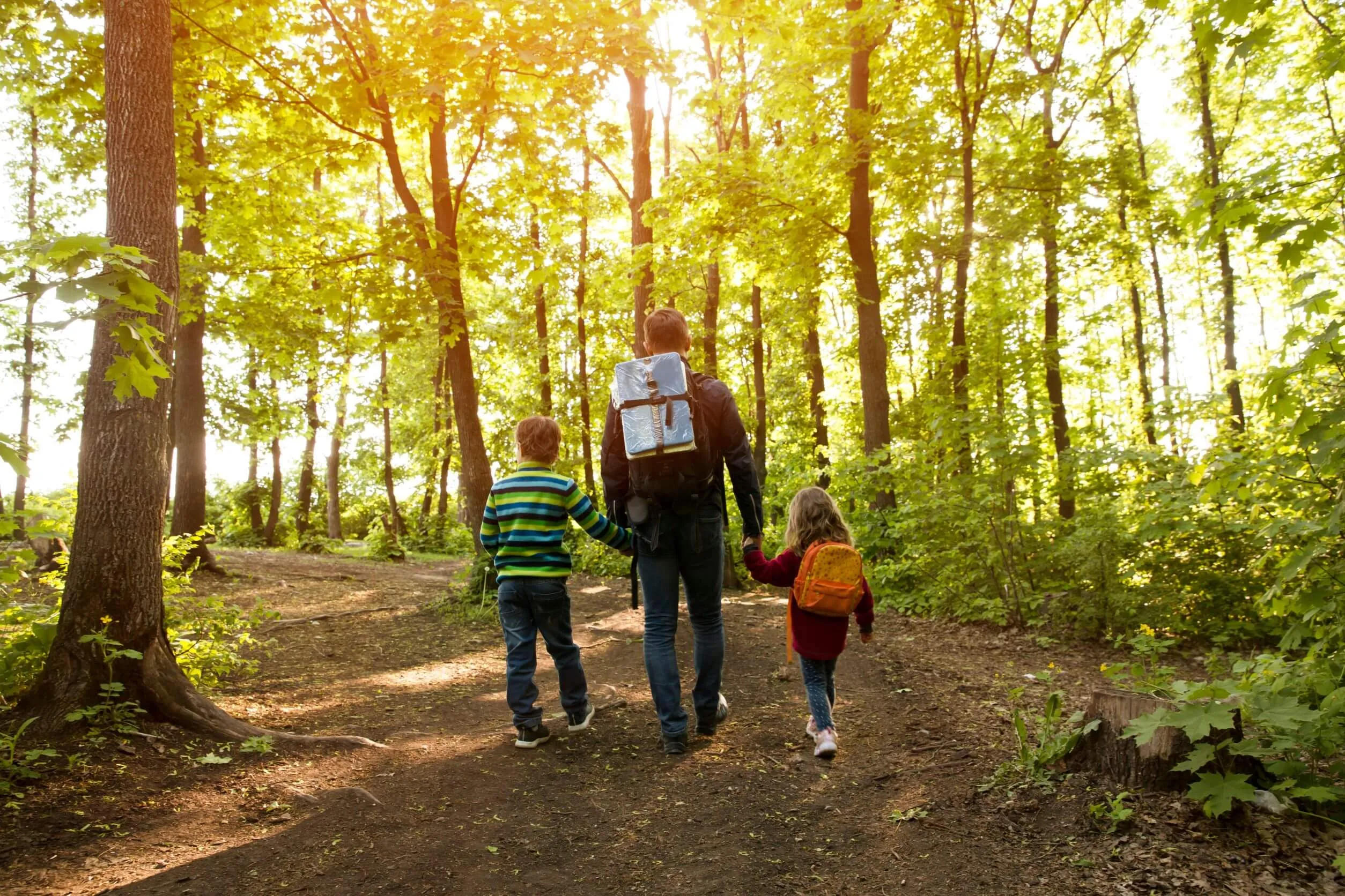 Father hiking with children on a scenic trail, all wearing hiking backpacks and exploring nature together